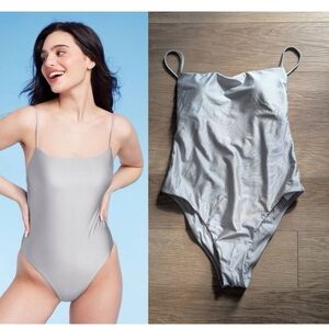 Shade & Shore | Metallic Silver One Piece Swimsuit - High Leg Cheeky